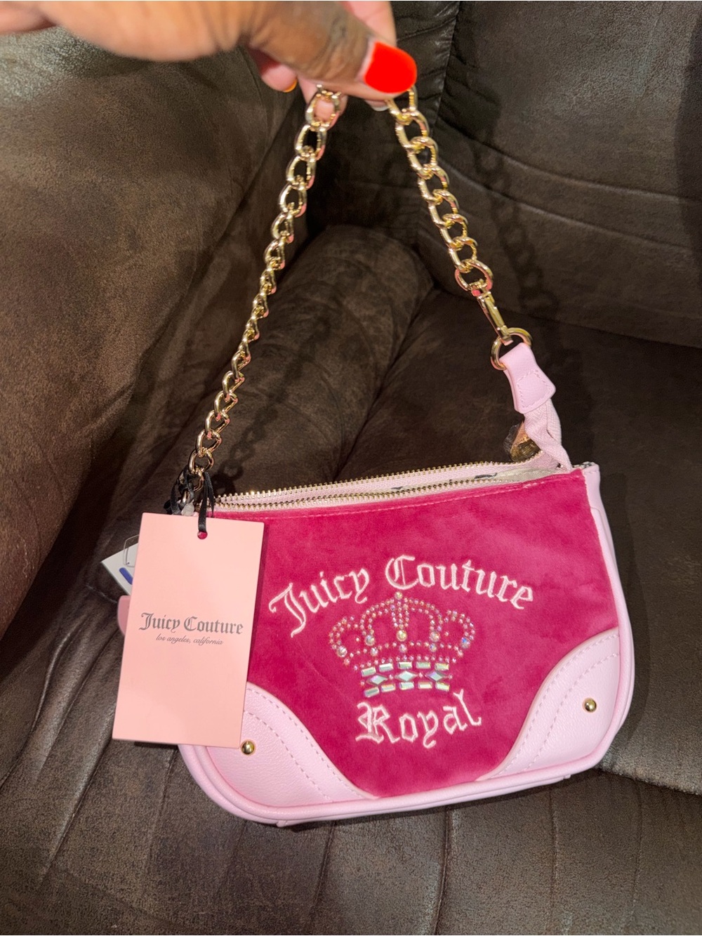 Juicy Couture Pink Velvet Mini Shoulder Bag with Gold Chain